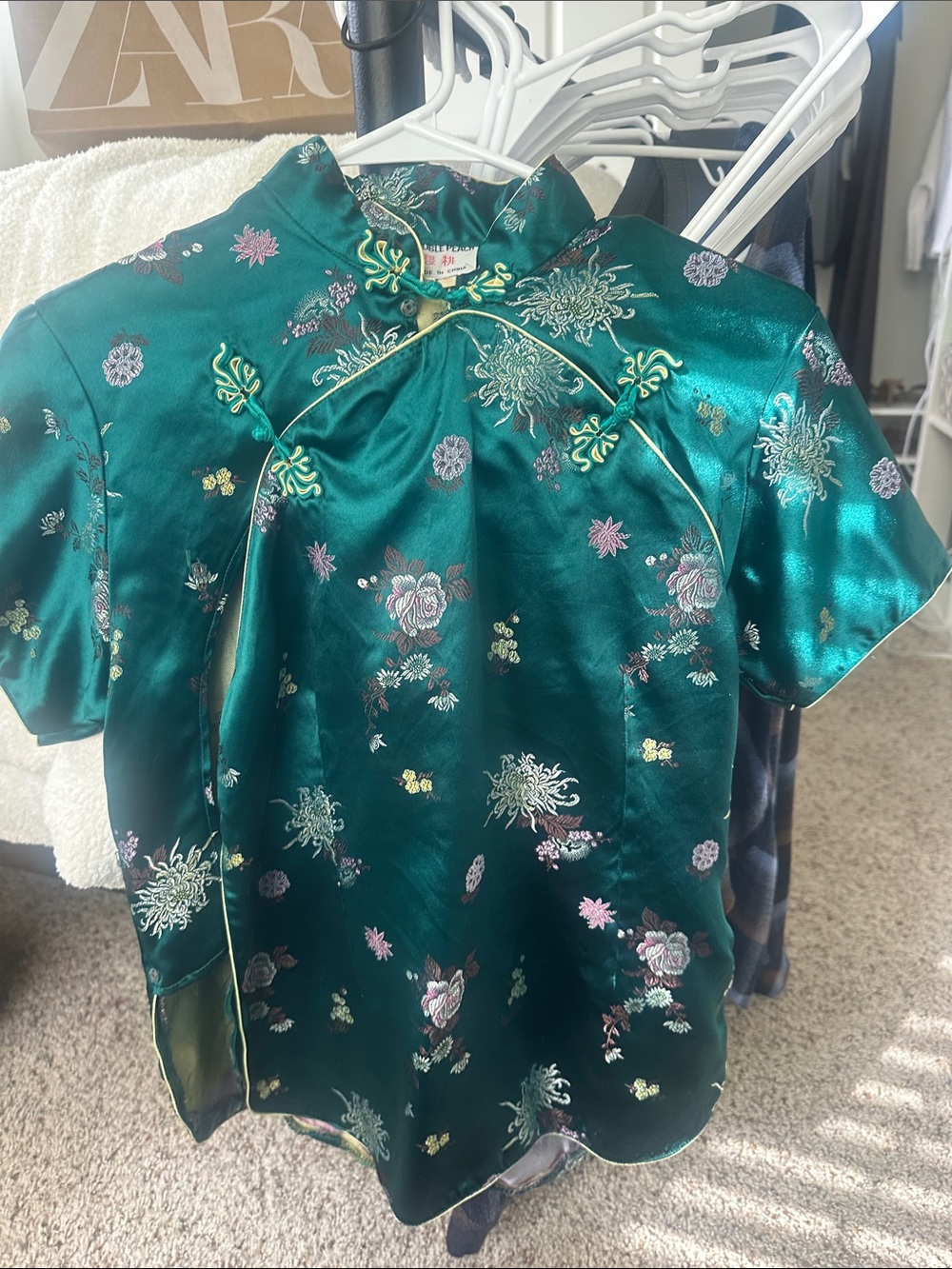 Silk-Effect Green Floral Mandarin Collar Top